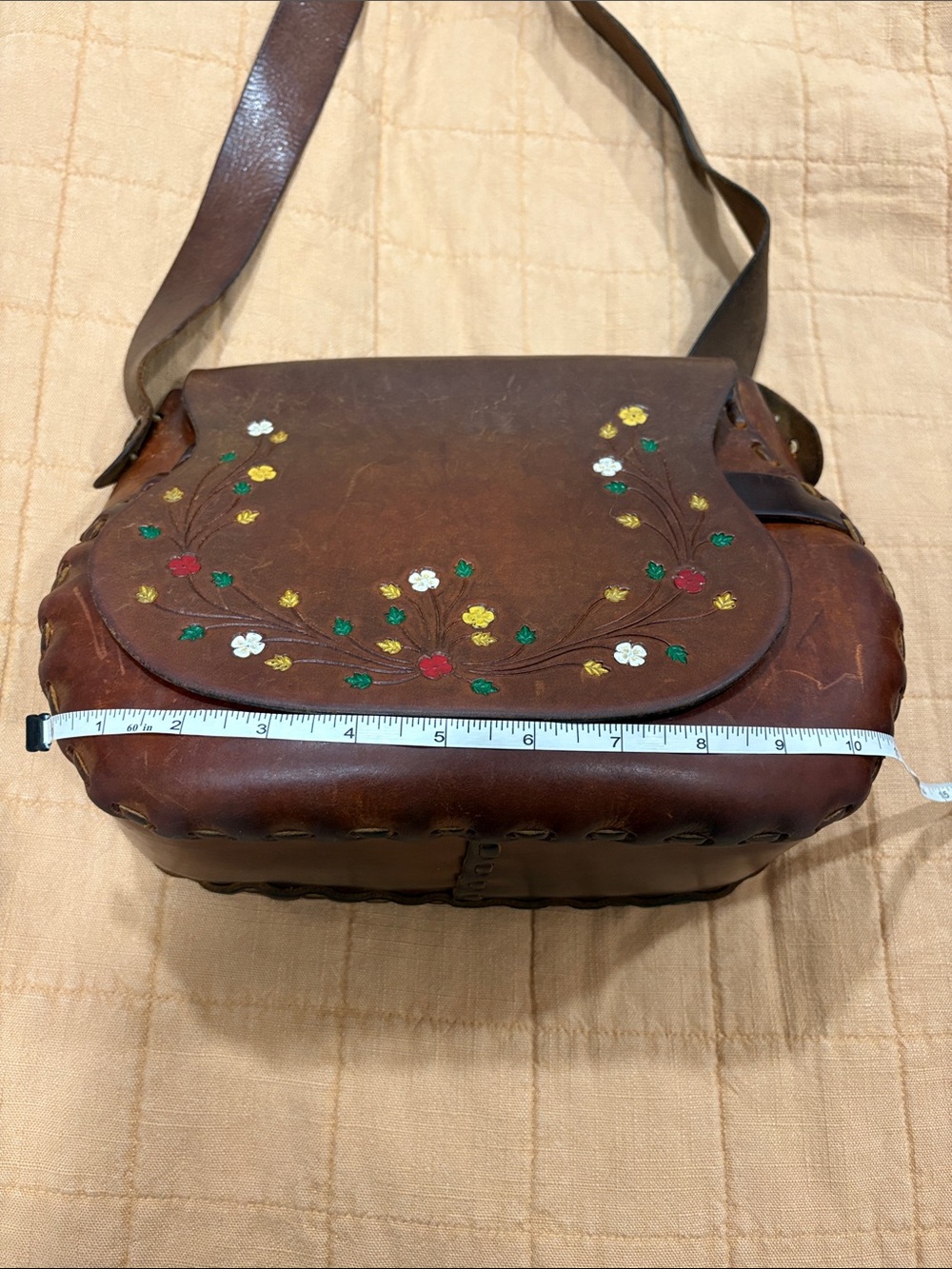 Vintage 70s Hand Tooled Leather Saddle Bag Painted Floral Whipstitch Boho - Picture 8 of 14